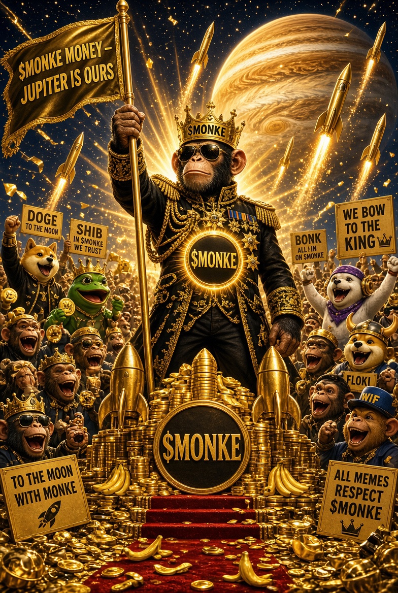 Crowned MONKE with the MONKE Money flag against Jupiter